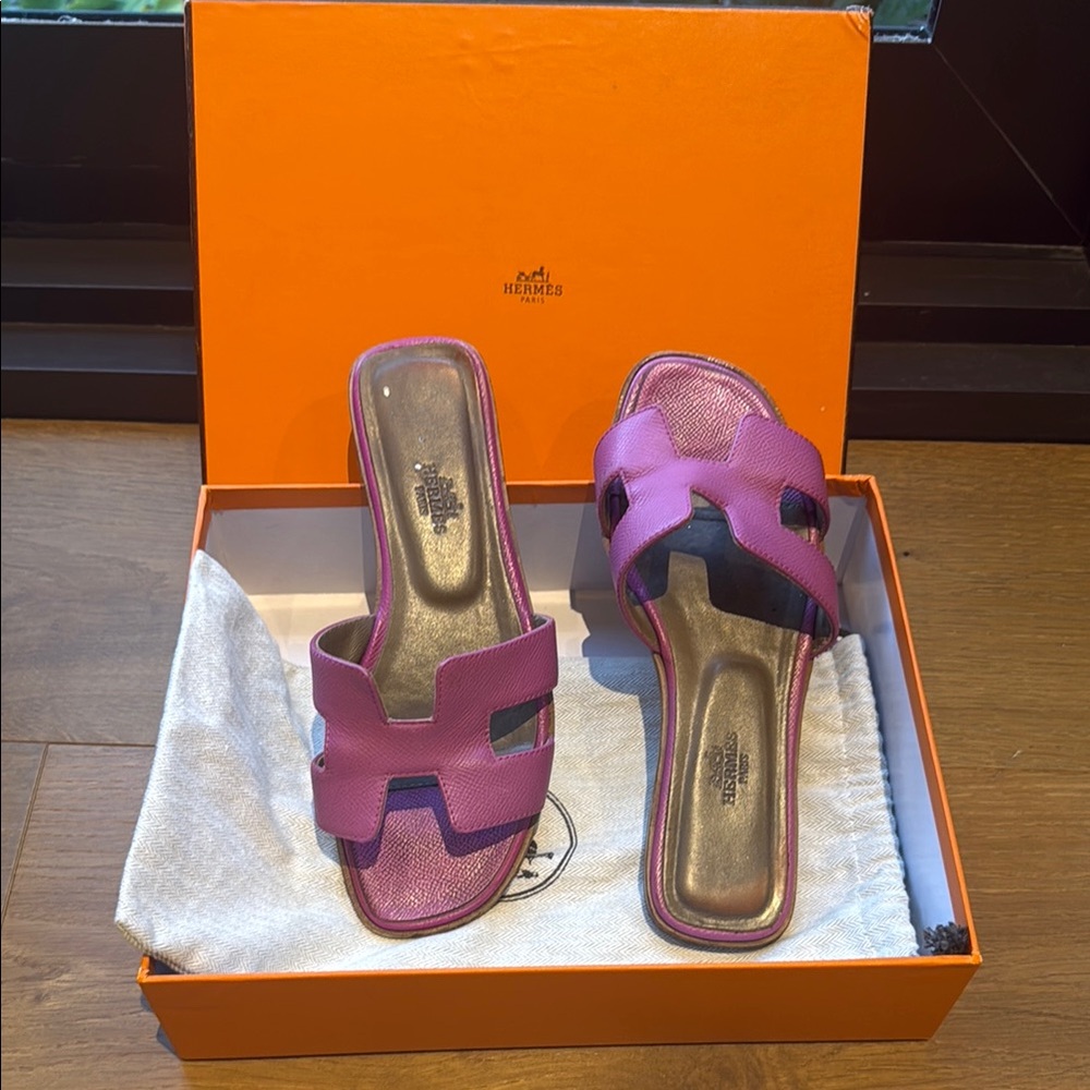 Hermès Oran Sandals Purple Leather H Slides – Women’s Authentic